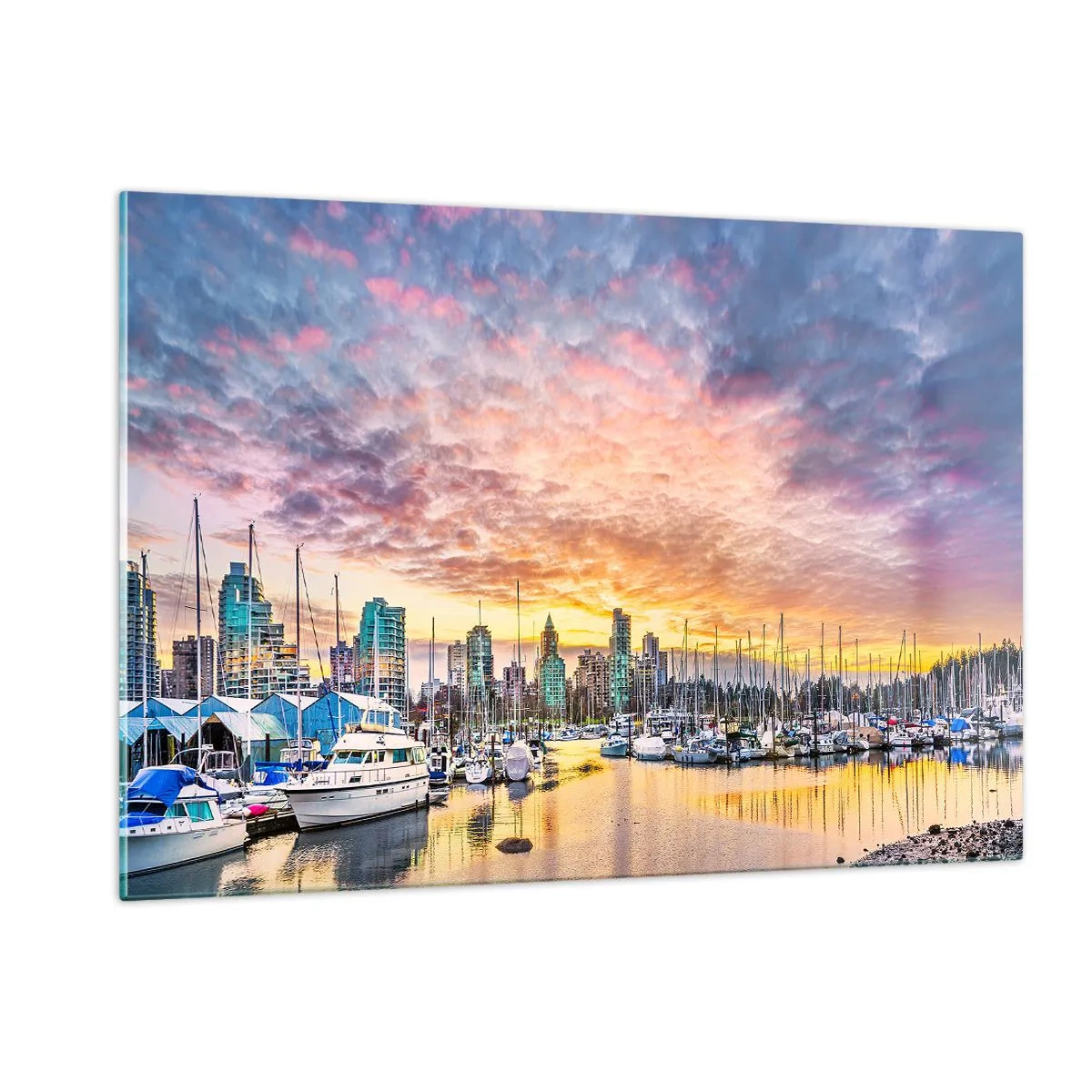 Obraz na szkle - Zachód słońca nad mariną z łodziami i wieżowcami - 120x80cm - Miasto tysiąca żeglarzy - Nowoczesna dekoracja ścienna do salonu, kuchni i sypialni ARTTOR