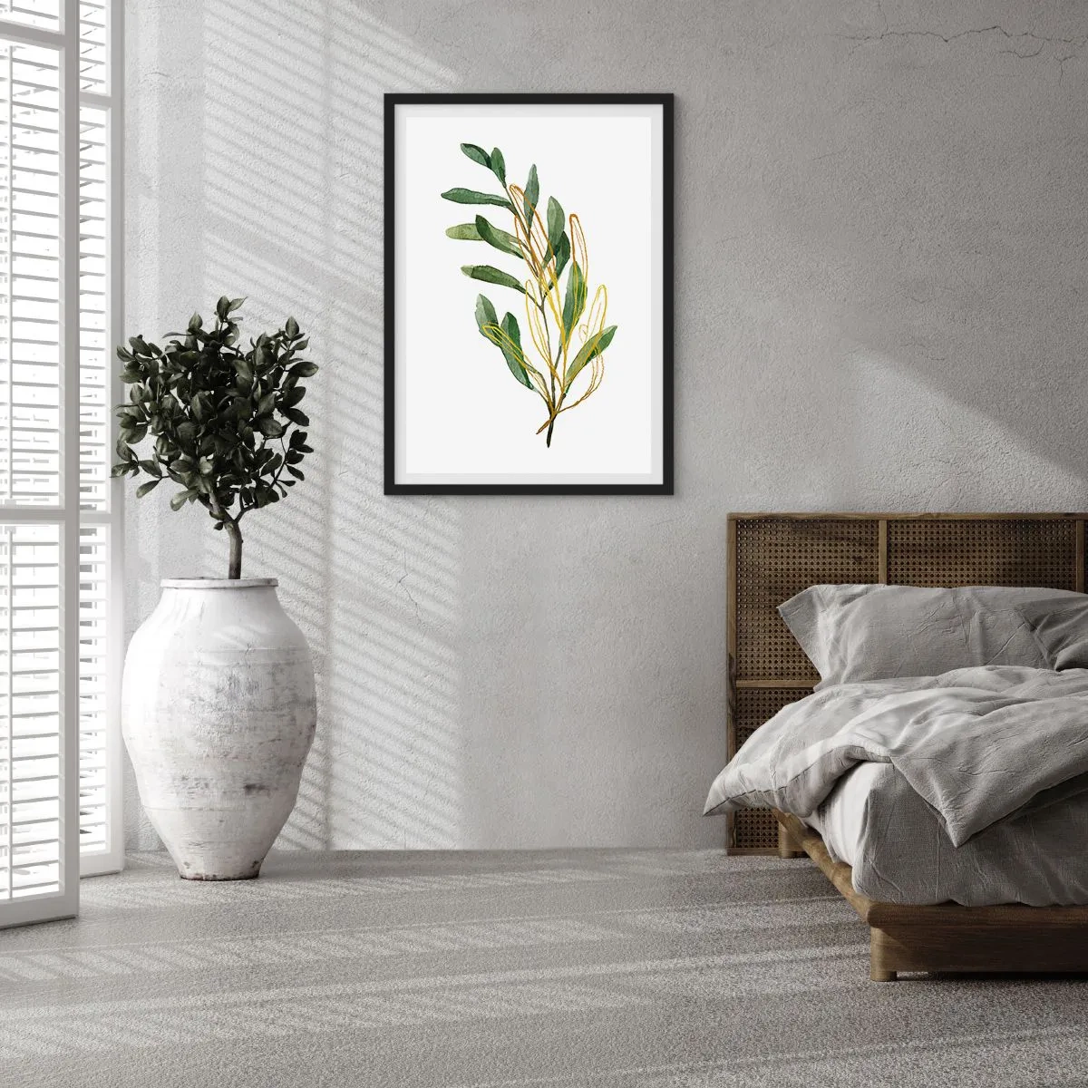 Plakat w czarnej ramie - Akwarelowa gałązka z delikatnymi złotymi akcentami - 50x70cm - Wszystko co dobre - Nowoczesna dekoracja ścienna do salonu i sypialni ARTTOR