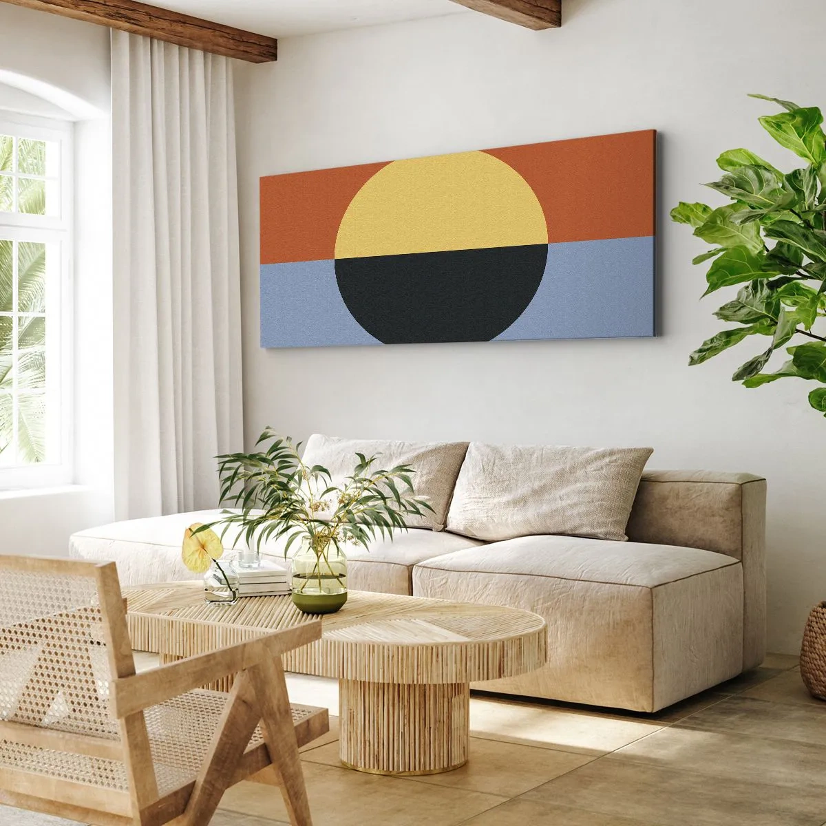 Obraz na płótnie - Abstrakcja geometryczna z kontrastowymi kolorami - 120x50cm - Kompozycja ciepła i chłodu - Nowoczesna dekoracja ścienna do salonu i sypialni ARTTOR