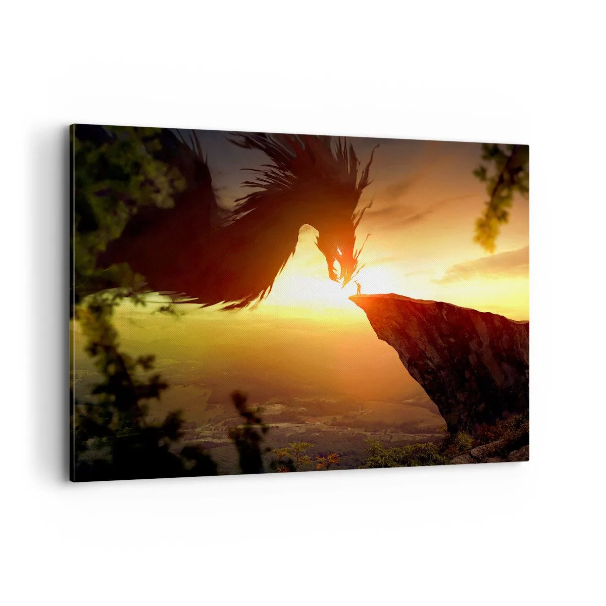 Obraz na płótnie - Smok i człowiek na skale w blasku zachodzącego słońca - 100x70cm - Pogromca smoka - Nowoczesna dekoracja ścienna do salonu, kuchni i sypialni ARTTOR