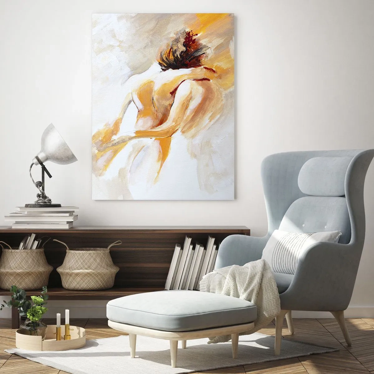 Obraz na szkle - Delikatny akt w ciepłych pastelowych barwach - 50x70cm - W niebie bliskości - Nowoczesna dekoracja ścienna do salonu, kuchni i sypialni ARTTOR