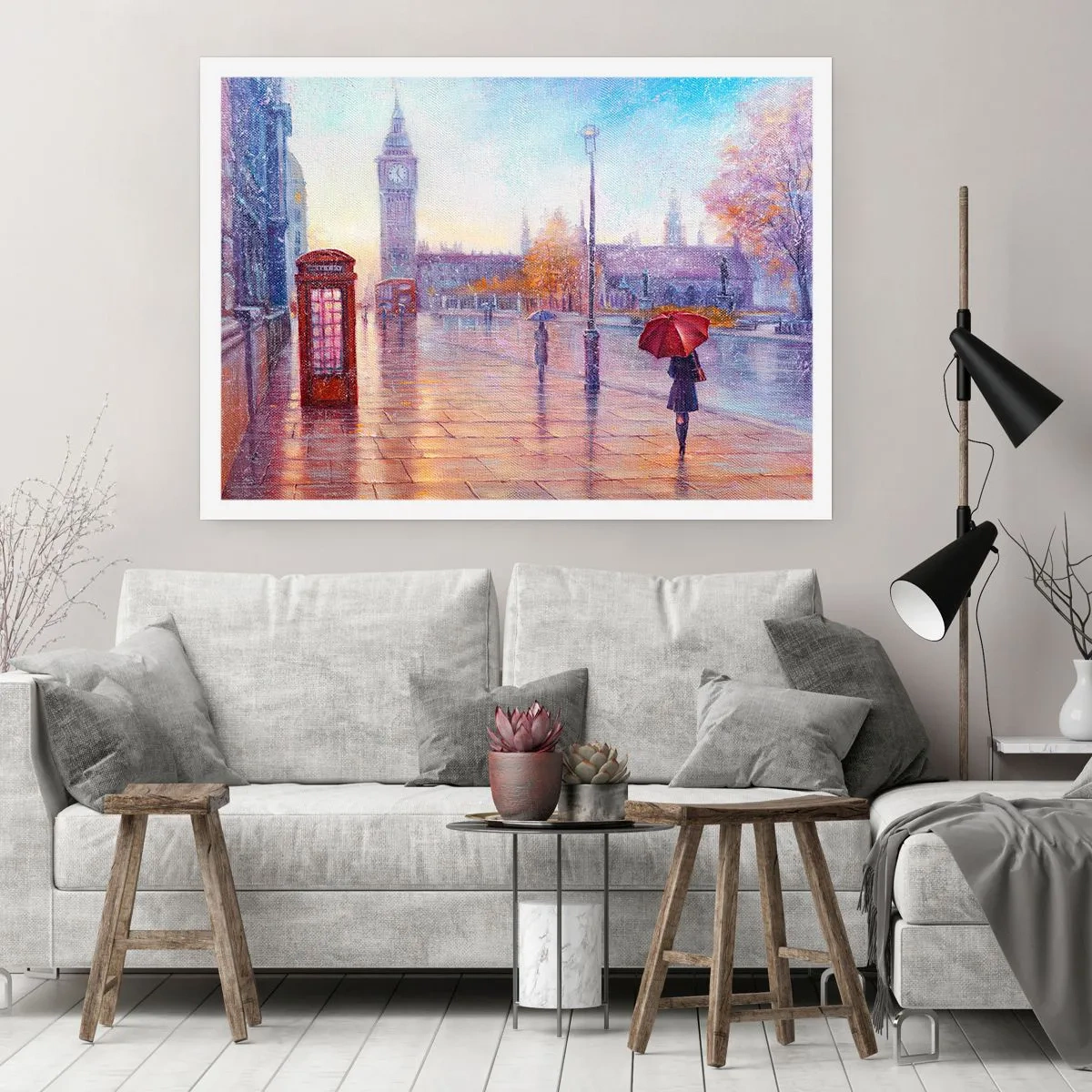 Plakat - Londyńska ulica z Big Benem w deszczowy dzień - 100x70cm - Londyński jesienny dzień - Nowoczesna dekoracja ścienna do salonu i sypialni ARTTOR