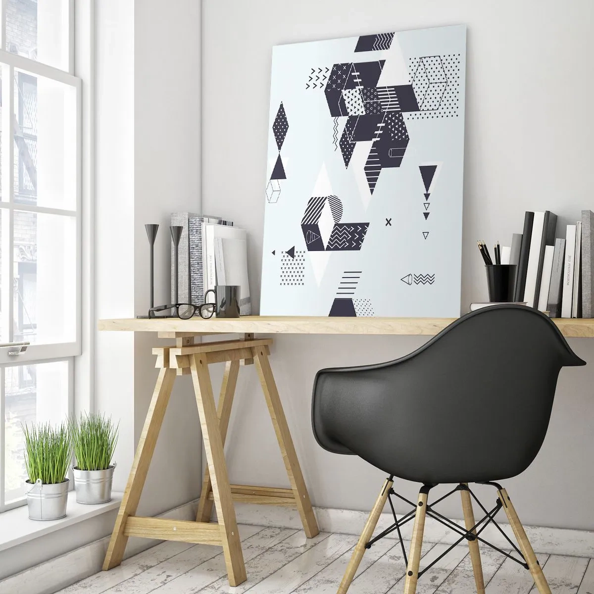 Obraz na szkle - Nowoczesna grafika geometryczna w odcieniach bieli i granatu - 70x100cm - W duszy matematyka - Nowoczesna dekoracja ścienna do salonu i sypialni ARTTOR