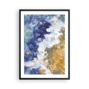 Plakat w czarnej ramie - Abstrakcyjna kompozycja w odcieniach błękitu, bieli i złota - 50x70cm - Taniec żywiołów - Nowoczesna dekoracja ścienna do salonu i sypialni ARTTOR