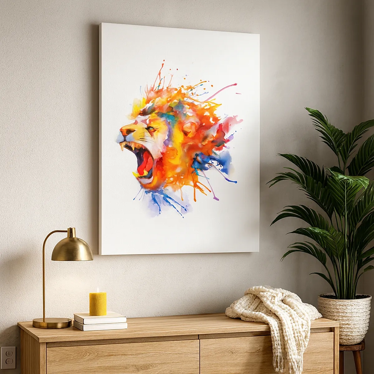 Obraz na płótnie - Kolorowy lew w dynamicznej akwareli - 50x70cm - Wybuchnąć gniewem  - Nowoczesna dekoracja ścienna do salonu, kuchni i sypialni ARTTOR