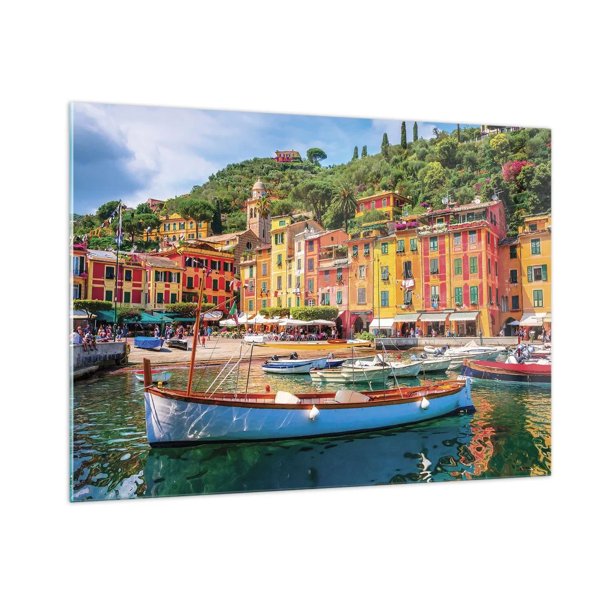 Obraz na szkle - Kolorowe budynki przy porcie w malowniczym miasteczku - 100x70cm - Włoskie przedpołudnie - Nowoczesna dekoracja ścienna do salonu, kuchni i sypialni ARTTOR