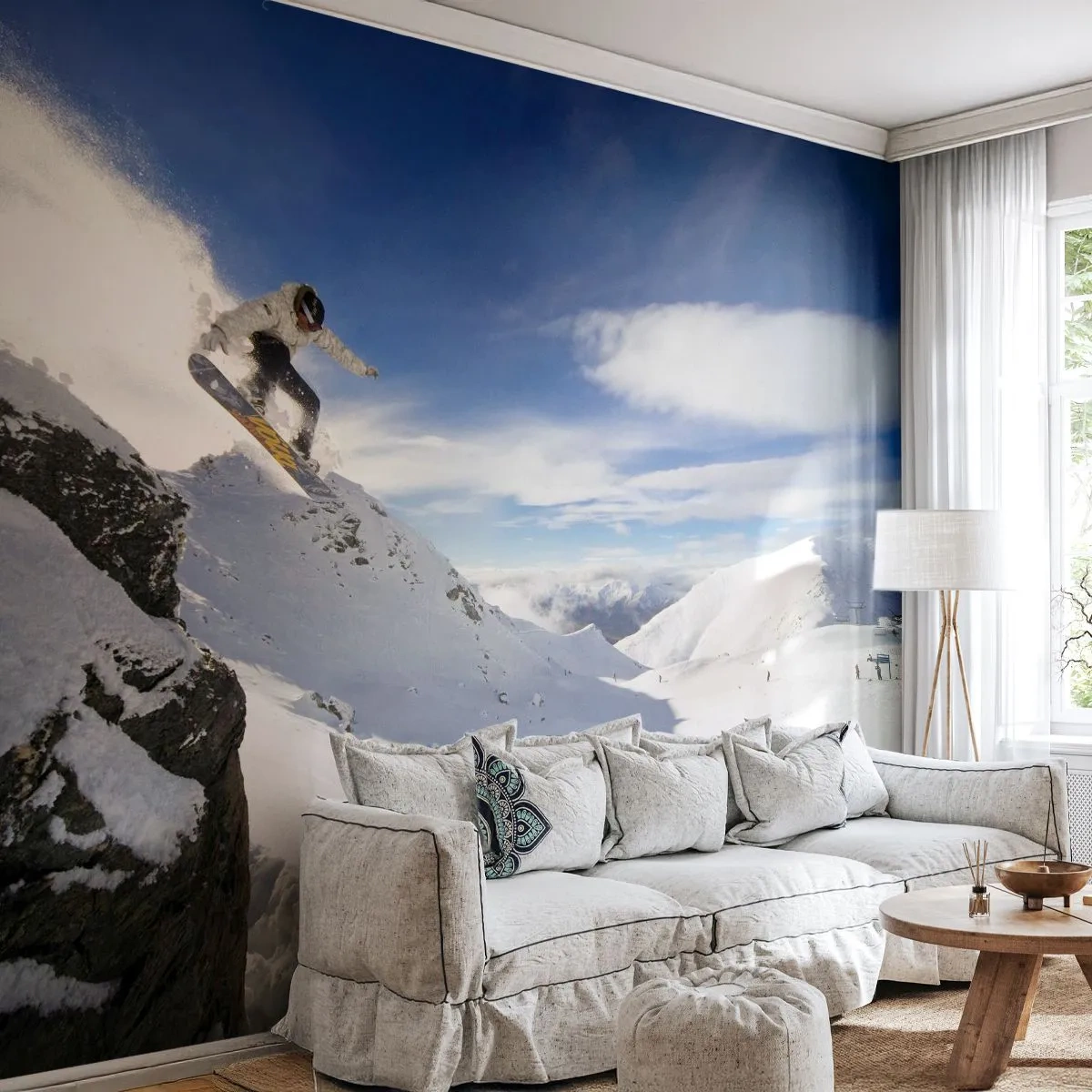 Fototapeta Premium Sand - Snowboardzista skaczący z klifu na tle górskiego krajobrazu - 100x70cm - Wolność bez granic - Nowoczesna dekoracja ścienna do salonu, kuchni i sypialni ARTTOR