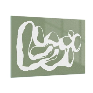 Obraz na szkle - Abstrakcyjna biała forma organiczna na tle oliwkowym - 100x70cm - Wołanie przestrzeni - Nowoczesna dekoracja ścienna do salonu, kuchni i sypialni ARTTOR