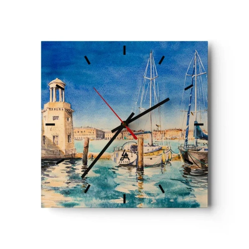 Zegar ścienny - Marina z łodziami na tle błękitnej laguny - 30x30cm - Słoneczna laguna - Nowoczesna dekoracja ścienna do salonu i sypialni ARTTOR