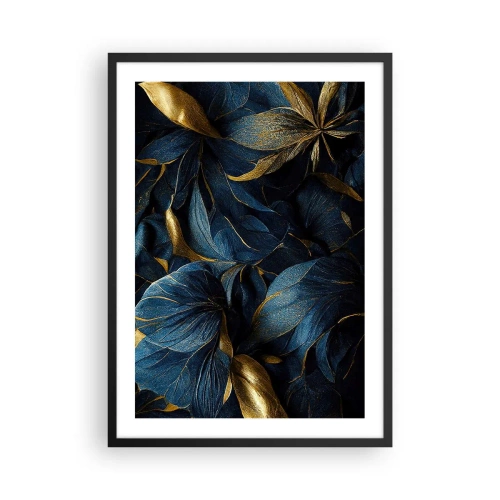 Plakat w czarnej ramie - Złote liście na tle głębokiego granatu - 50x70cm - Złotem podszyte - Nowoczesna dekoracja ścienna do salonu i sypialni ARTTOR