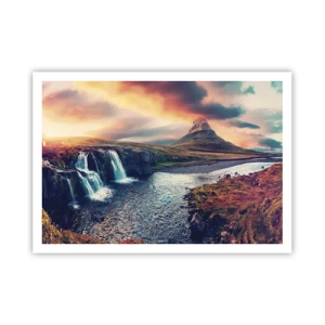 Plakat - Widok na wodospad i górę w świetle zachodzącego słońca - 100x70cm - W majestacie przyrody - Nowoczesna dekoracja ścienna do salonu i sypialni ARTTOR