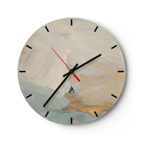 Zegar ścienny - Delikatne pociągnięcia pędzla w beżach, błękitach i złocie - 30x30cm - Abstrakcja – kraina łagodności - Nowoczesna dekoracja ścienna do salonu, kuchni i sypialni ARTTOR