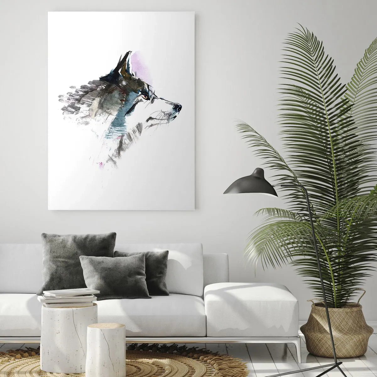 Obraz na szkle - Wilk w artystycznym stylu akwareli na białym tle - 50x70cm - O wilku mowa - Nowoczesna dekoracja ścienna do salonu, kuchni i sypialni ARTTOR