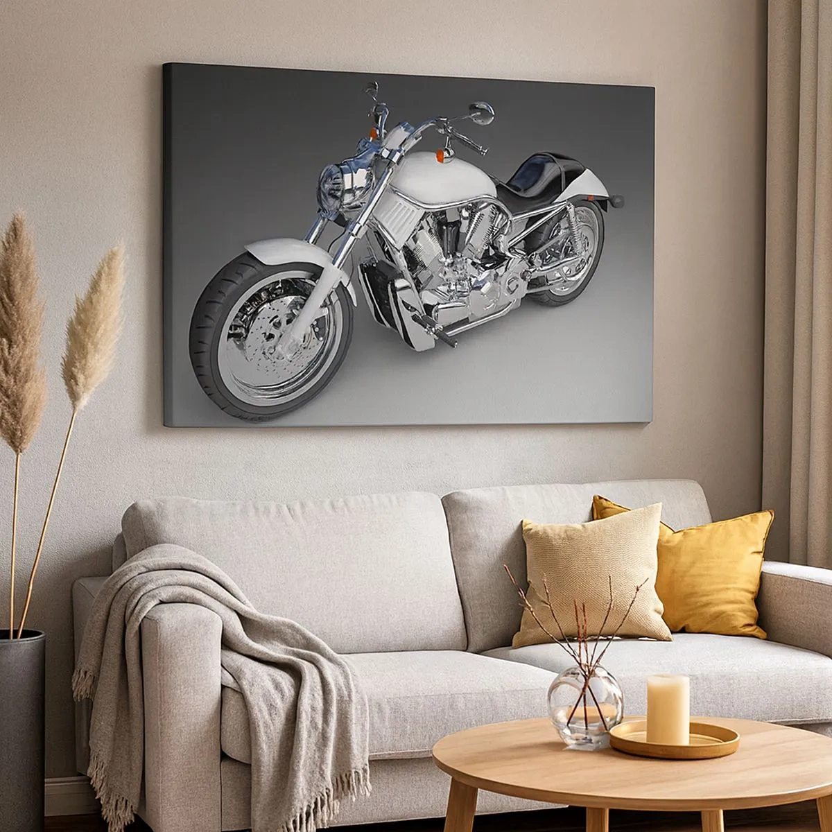 Obraz na płótnie - Biały motocykl cruiser na szarym tle - 70x50cm - Aż chce się klęknąć - Nowoczesna dekoracja ścienna do salonu i sypialni ARTTOR