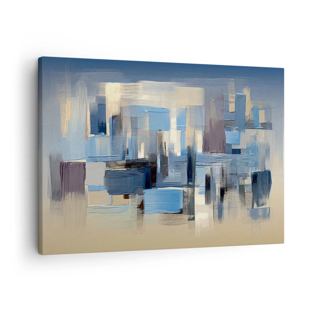 Obraz na płótnie - Geometryczne formy w odcieniach błękitu i beżu - 70x50cm - Błękitna konstrukcja - Nowoczesna dekoracja ścienna do salonu i sypialni ARTTOR