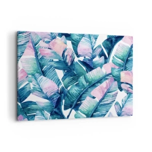 Obraz na płótnie - Liście bananowca w odcieniach niebieskiego i różowego - 120x80cm - W bananowym gaju - Nowoczesna dekoracja ścienna do salonu, kuchni i sypialni ARTTOR