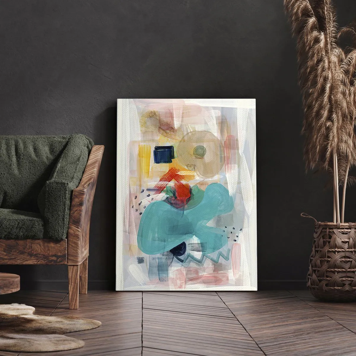 Obraz na płótnie - Abstrakcyjne kształty i kolory tworzące dynamiczną kompozycję - 70x100cm - Kolorowa gra - Nowoczesna dekoracja ścienna do salonu i sypialni ARTTOR