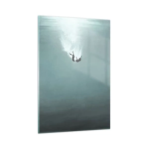 Obraz na szkle - Postać zanurzająca się w głębokiej wodzie o turkusowym odcieniu - 80x120cm - W objęciach oceanu - Nowoczesna dekoracja ścienna do salonu i sypialni ARTTOR