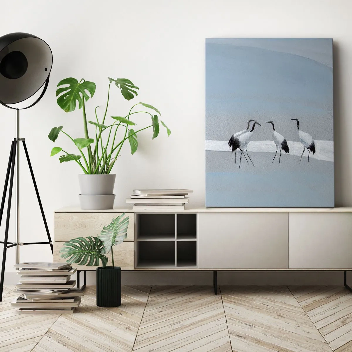 Obraz na płótnie - Grupa żurawi na tle błękitnego nieba i wschodzącego słońca - 70x100cm - Po gorącym dniu - Nowoczesna dekoracja ścienna do salonu i sypialni ARTTOR