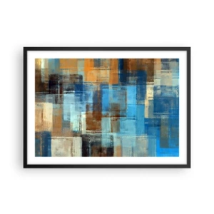 Plakat w czarnej ramie - Abstrakcyjna kompozycja geometryczna w odcieniach niebieskiego i brązu - 70x50cm - Przez błękitną zasłonę - Nowoczesna dekoracja ścienna do salonu i sypialni ARTTOR