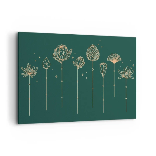 Obraz na płótnie - Złote rysunki ziół na tle ciemnozielonym - 100x70cm - Rodzina ZIÓŁkowskich - Nowoczesna dekoracja ścienna do salonu, kuchni i sypialni ARTTOR