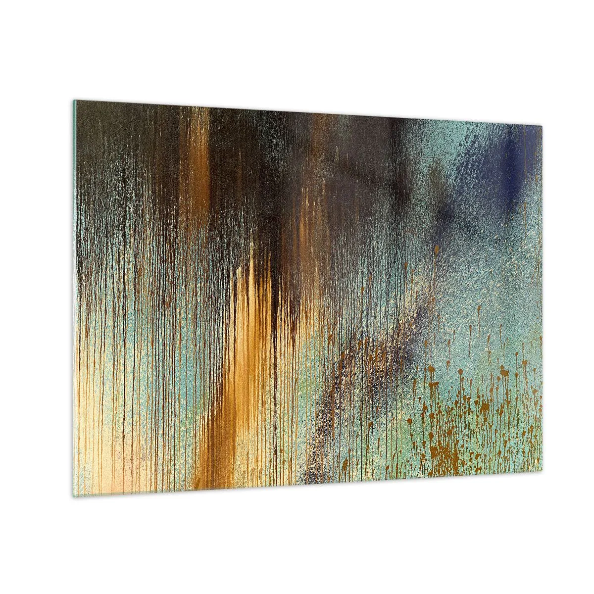 Obraz na szkle - Abstrakcyjne linie i plamy w złocie, błękicie i czerni - 70x50cm - Nieprzypadkowa barwna kompozycja - Nowoczesna dekoracja ścienna do salonu i sypialni ARTTOR