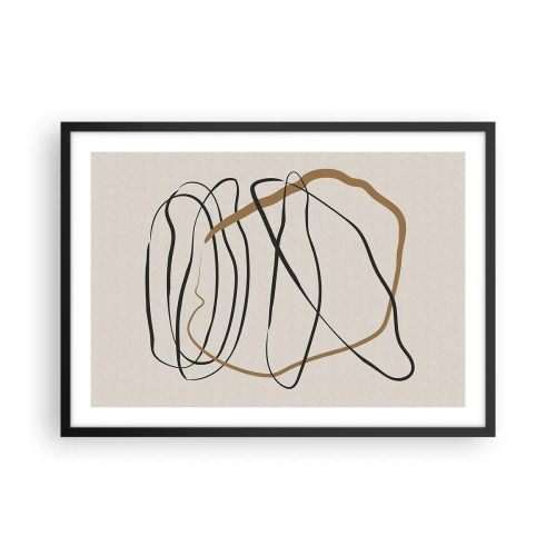 Plakat w czarnej ramie - Artystyczne linie w czerni i złocie na jasnym tle - 70x50cm - Kompozycja – taniec opętaniec - Nowoczesna dekoracja ścienna do salonu i sypialni ARTTOR