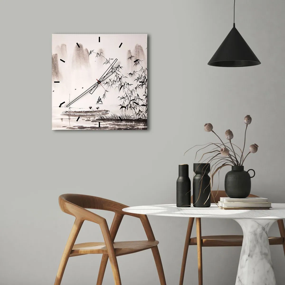 Zegar ścienny - Minimalistyczny pejzaż w stylu orientalnym - 30x30cm - Cisza ryżowych pól - Nowoczesna dekoracja ścienna do salonu i sypialni ARTTOR