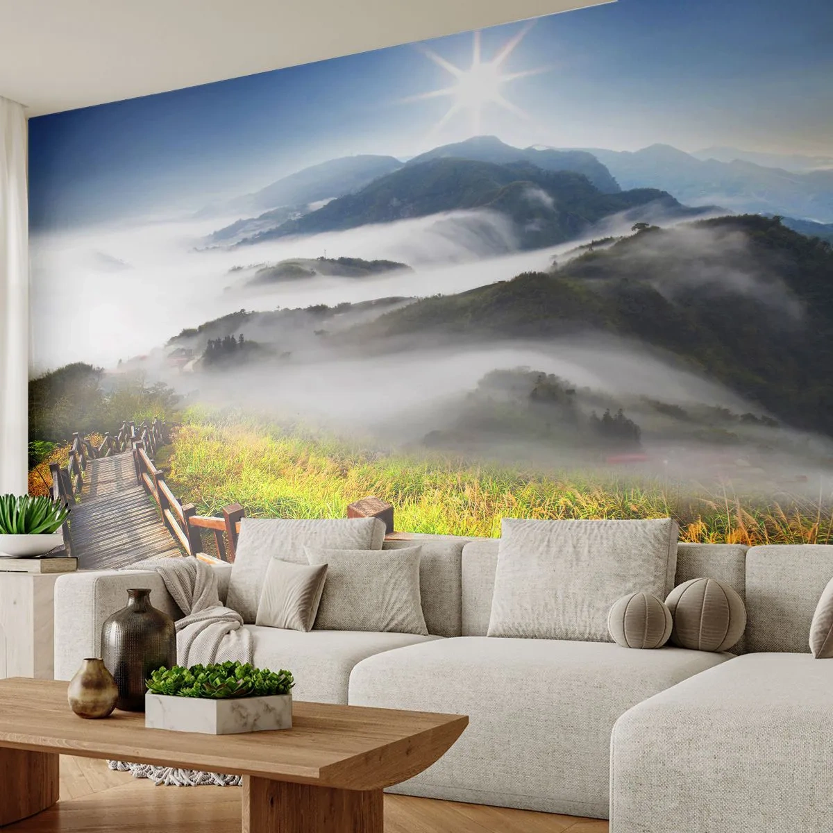 Fototapeta Premium Sand - Drewniana ścieżka wśród gór i mglistych dolin - 100x70cm - Utkane z blasku i mgły - Nowoczesna dekoracja ścienna do salonu, kuchni i sypialni ARTTOR