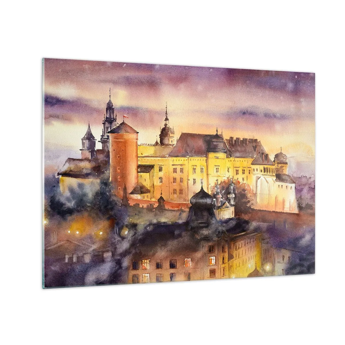 Obraz na szkle - Akwarelowa ilustracja zamku na wzgórzu o zachodzie słońca - 70x50cm - Historia i baśń - Nowoczesna dekoracja ścienna do salonu i sypialni ARTTOR