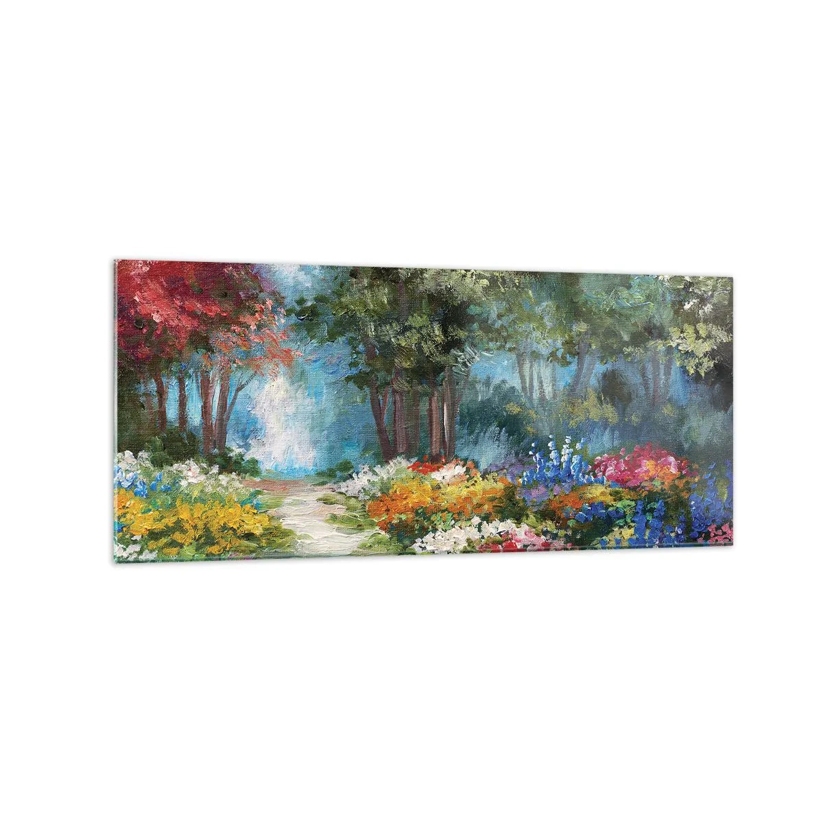 Obraz na szkle - Malowniczy ogród pełen kolorowych kwiatów i drzew w leśnej scenerii - 120x50cm - Leśny ogród, kwietny las - Nowoczesna dekoracja ścienna do salonu i sypialni ARTTOR