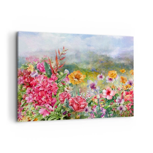 Obraz na płótnie - Barwna kompozycja kwiatów na tle pejzażu w pastelowych kolorach - 100x70cm - Ogród, który oszalał - Nowoczesna dekoracja ścienna do salonu, kuchni i sypialni ARTTOR