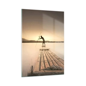 Obraz na szkle - Rybak na bambusowej tratwie o zmierzchu - 50x70cm - Przed spoczynkiem - Nowoczesna dekoracja ścienna do salonu, kuchni i sypialni ARTTOR