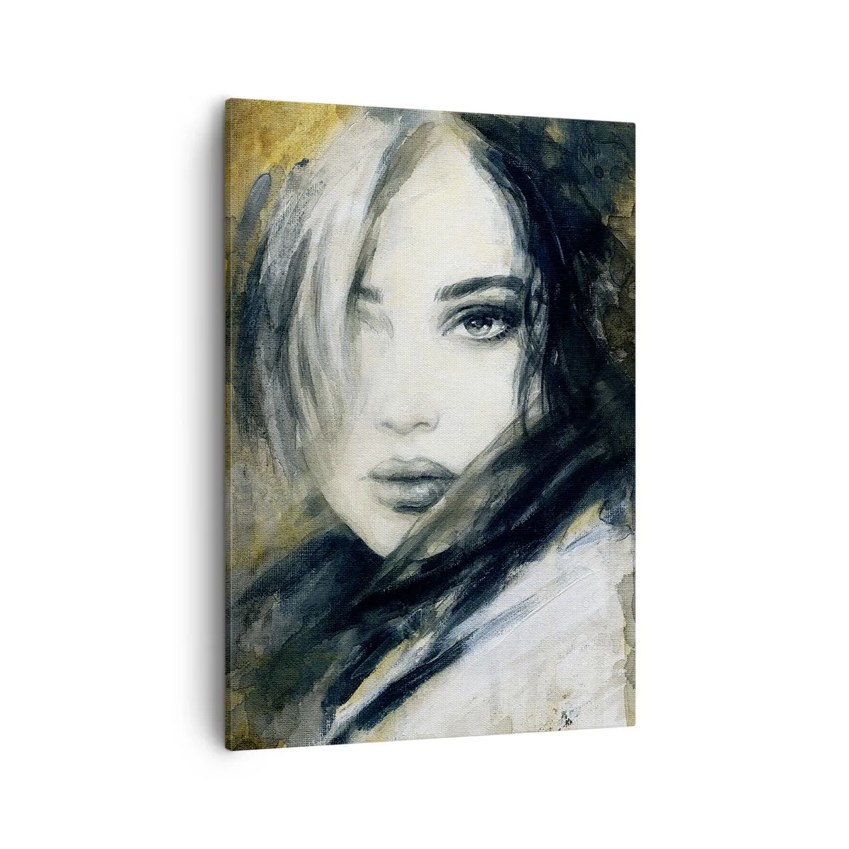 Obraz na płótnie - Malarska interpretacja kobiecej twarzy w odcieniach czerni, bieli i sepii - 50x70cm - bardziej niewinna czy zmysłowa? - Nowoczesna dekoracja ścienna do salonu, kuchni i sypialni ARTTOR