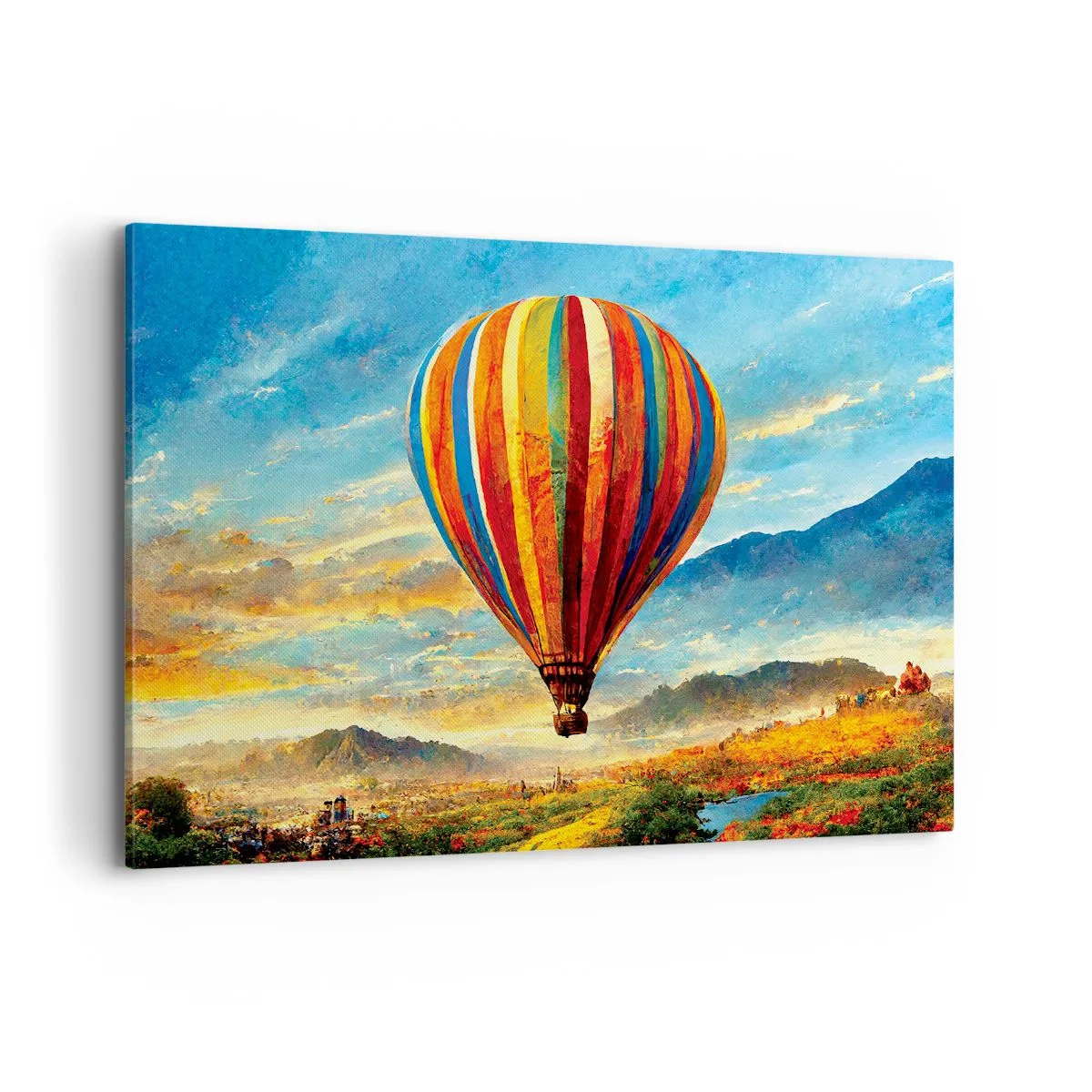 Obraz na płótnie - Kolorowy balon nad malowniczym krajobrazem - 120x80cm - W ciszy widać więcej - Nowoczesna dekoracja ścienna do salonu, kuchni i sypialni ARTTOR