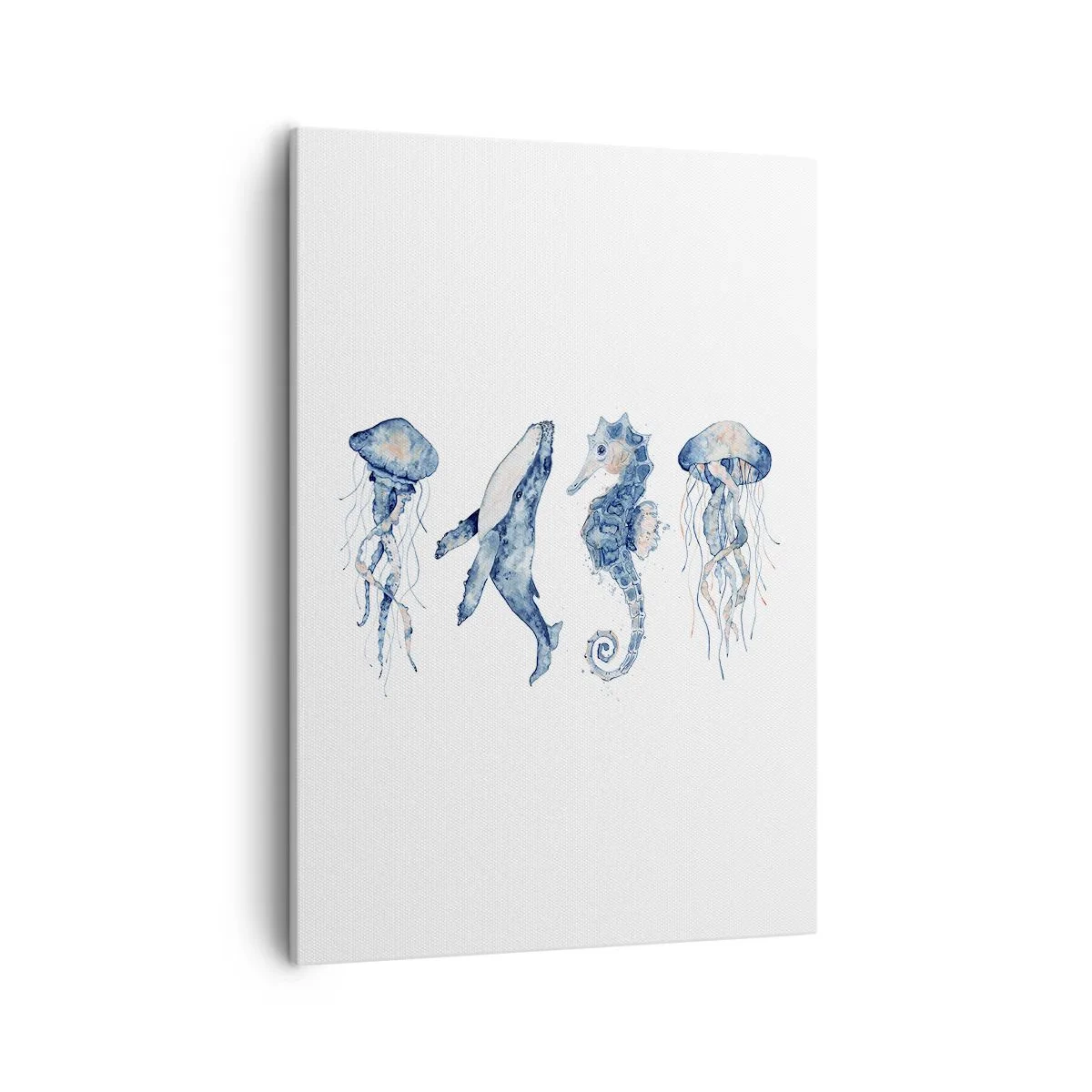 Obraz na płótnie - Meduzy, konik morski i rekin w akwarelowym stylu - 50x70cm - Morskie dziwy - Nowoczesna dekoracja ścienna do salonu, kuchni i sypialni ARTTOR