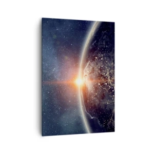 Obraz na płótnie - Ziemia widziana z kosmosu z wschodzącym słońcem - 70x100cm - W nowej perspektywie - Nowoczesna dekoracja ścienna do salonu i sypialni ARTTOR