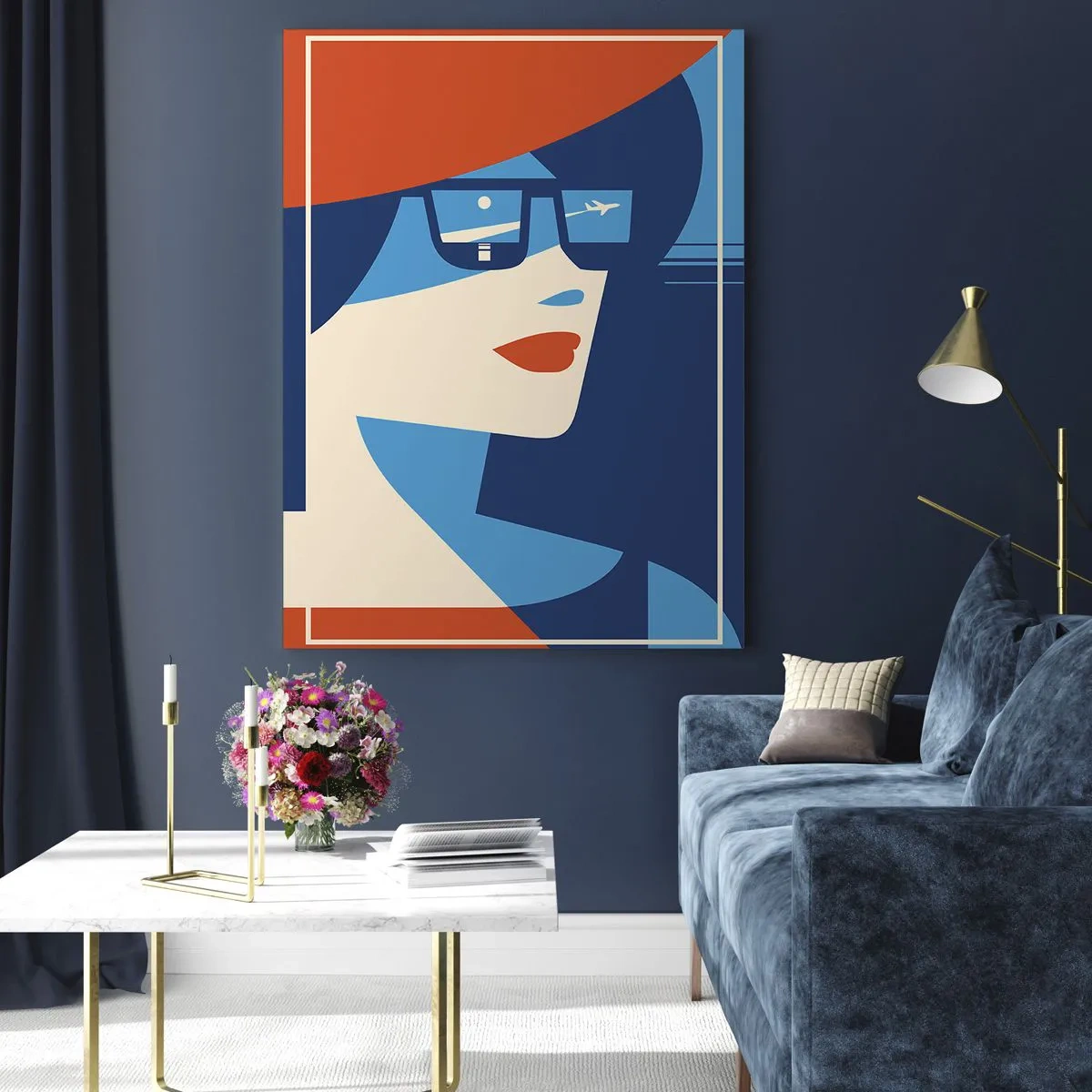 Obraz na szkle - Grafika kobiety w okularach przeciwsłonecznych z odbiciem samolotu - 80x120cm - Wakacyjna podróż - Nowoczesna dekoracja ścienna do salonu i sypialni ARTTOR