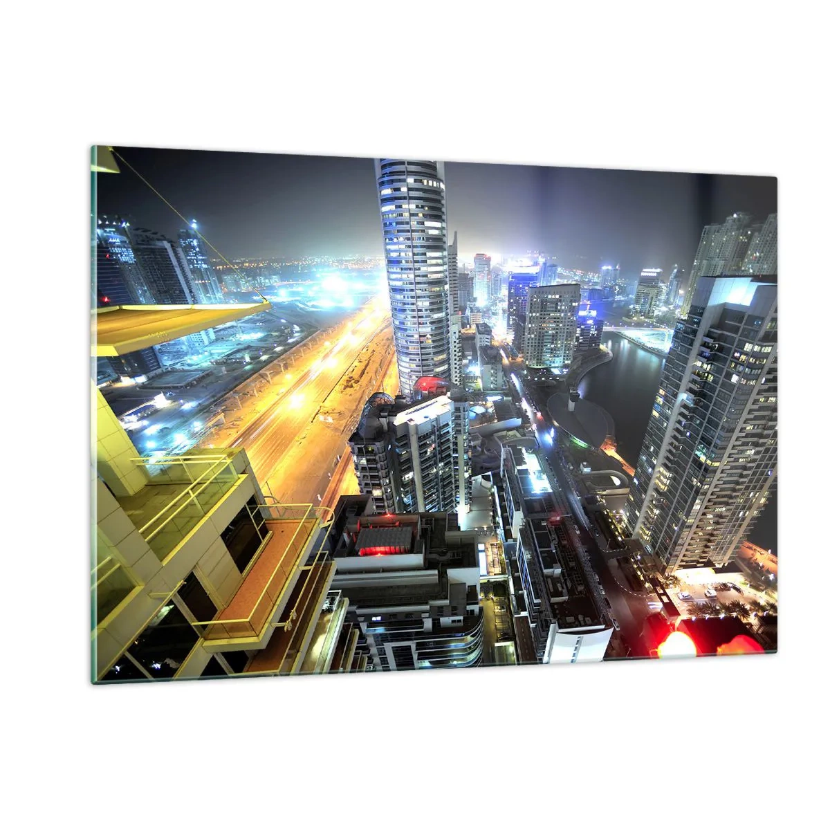 Obraz na szkle - Panorama nocnego miasta z oświetlonymi wieżowcami - 120x80cm - Cud na pustyni - Nowoczesna dekoracja ścienna do salonu, kuchni i sypialni ARTTOR