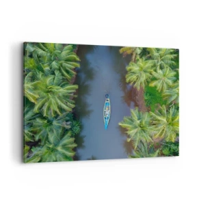 Obraz na płótnie - Łódź na rzece otoczonej palmami z lotu ptaka - 100x70cm - Na tropikalnym szlaku - Nowoczesna dekoracja ścienna do salonu, kuchni i sypialni ARTTOR