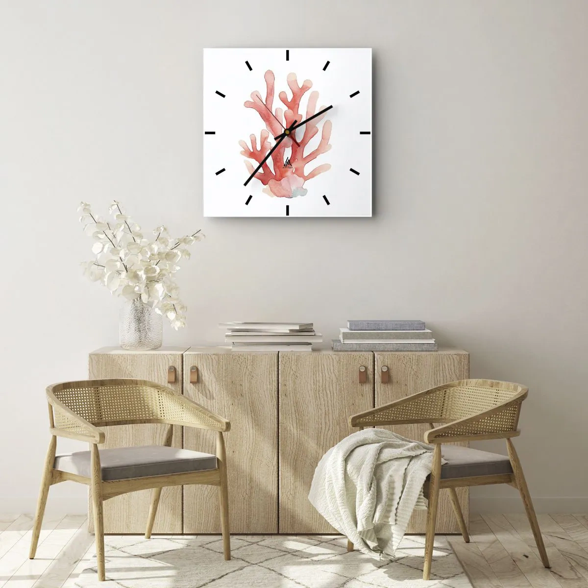 Zegar ścienny - Subtelna ilustracja korala w pastelowych odcieniach - 30x30cm - Koral koloru koralowego - Nowoczesna dekoracja ścienna do salonu i sypialni ARTTOR