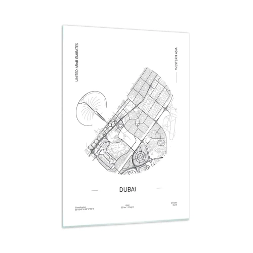 Obraz na szkle - Minimalistyczna mapa Dubaju w czarno-białej stylistyce - 50x70cm - Anatomia Dubaju - Nowoczesna dekoracja ścienna do salonu, kuchni i sypialni ARTTOR