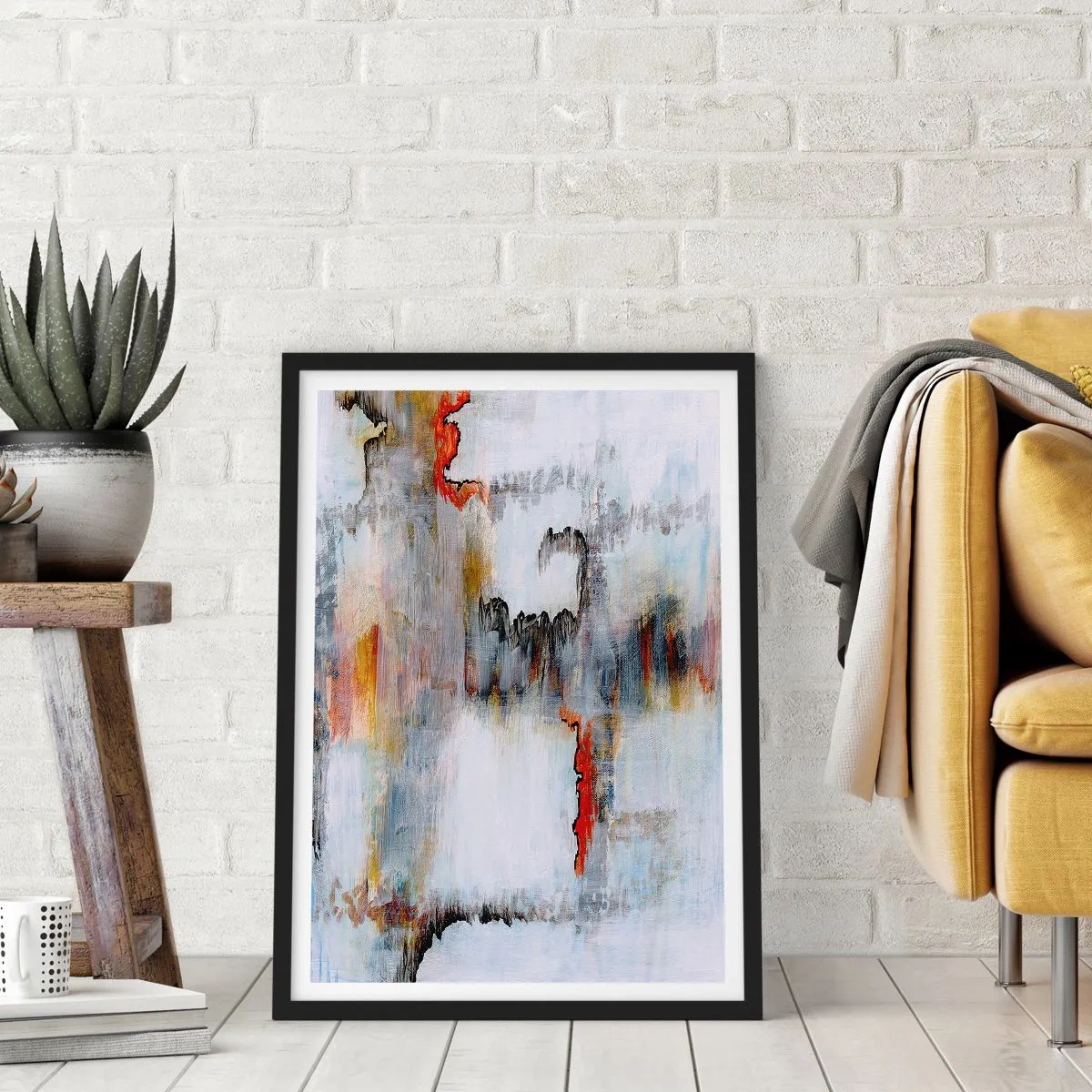Plakat w czarnej ramie - Abstrakcyjna kompozycja z szarościami i czerwonymi akcentami - 50x70cm - Patykiem na wodzie - Nowoczesna dekoracja ścienna do salonu i sypialni ARTTOR