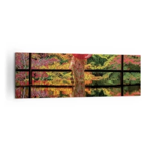 Obraz na płótnie - Kobieta w kimonie z parasolem na tle jesiennego krajobrazu - 160x50cm - W świątyni natury - Nowoczesna dekoracja ścienna do salonu i sypialni ARTTOR