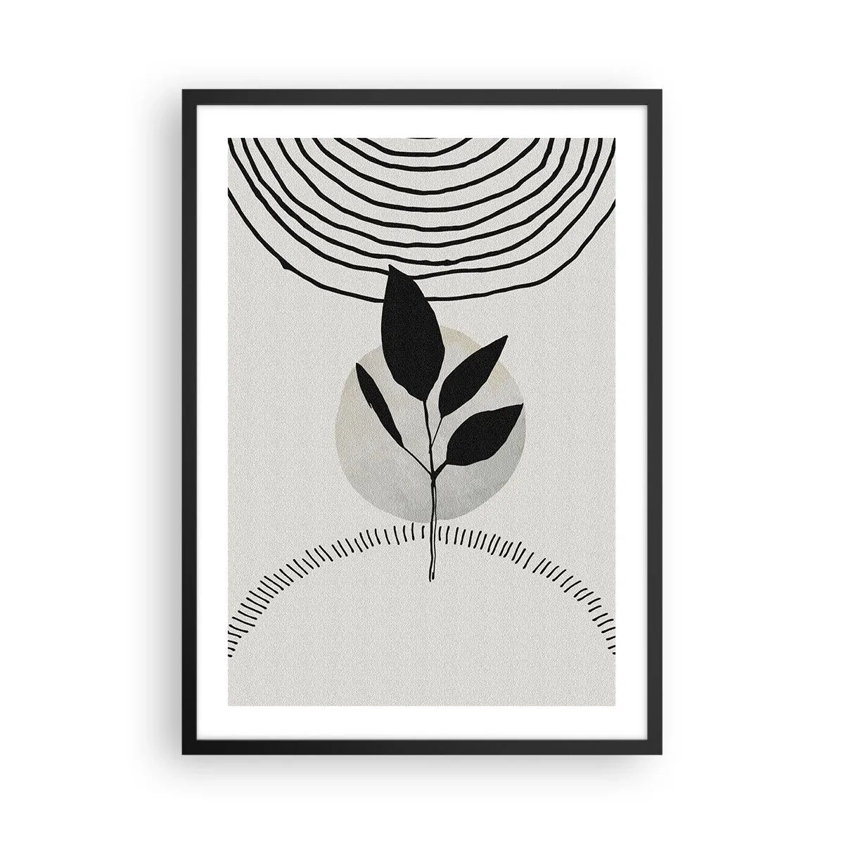 Plakat w czarnej ramie - Minimalistyczna ilustracja liścia z geometrycznymi wzorami - 50x70cm - Kompozycja: rytuały natury - Nowoczesna dekoracja ścienna do salonu i sypialni ARTTOR