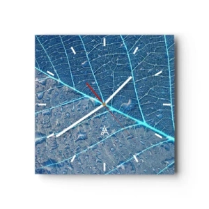 Zegar ścienny - Liść w błękitnych odcieniach z kroplami wody - 30x30cm - Życie w błękicie - Nowoczesna dekoracja ścienna do salonu i sypialni ARTTOR