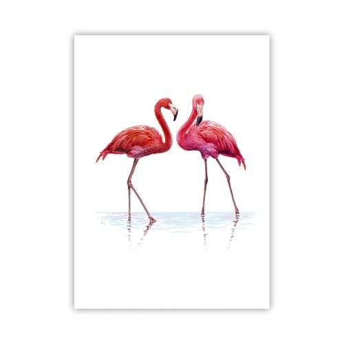 Plakat - Dwa flamingi na białym tle z odbiciem w wodzie - 50x70cm - Różowe randez-vous - Nowoczesna dekoracja ścienna do salonu, kuchni i sypialni ARTTOR
