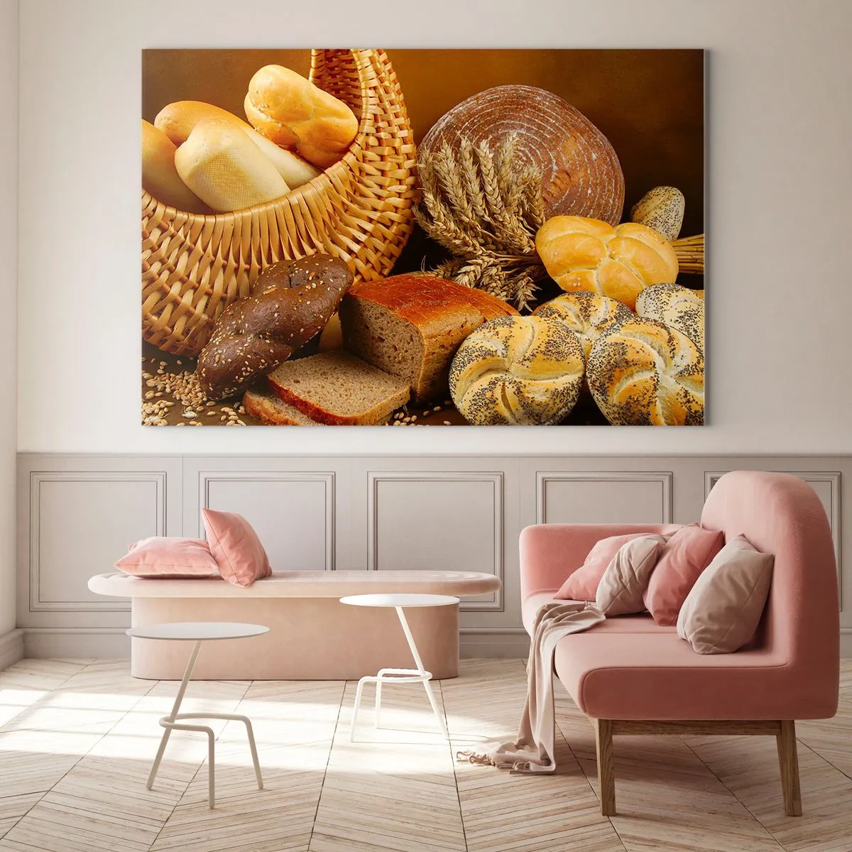 Obraz na szkle - Kosz z pieczywem i bochenki na tle kłosów zboża - 70x50cm - Znowu się nam upiekło - Nowoczesna dekoracja ścienna do salonu i sypialni ARTTOR