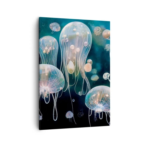 Obraz na płótnie - Eteryczne meduzy unoszące się w głębinach oceanu z delikatnym światłem - 50x70cm - Podwodny bal - Nowoczesna dekoracja ścienna do salonu, kuchni i sypialni ARTTOR
