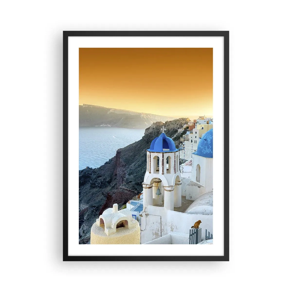 Plakat w czarnej ramie - Santorini z białymi domami i niebieskimi kopułami - 50x70cm - Santorini - przytulone do skał - Nowoczesna dekoracja ścienna do salonu i sypialni ARTTOR